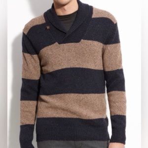 VINCE Shawl Collar Neck Wool Pullover Sweater Size L Navy Tan Stripe